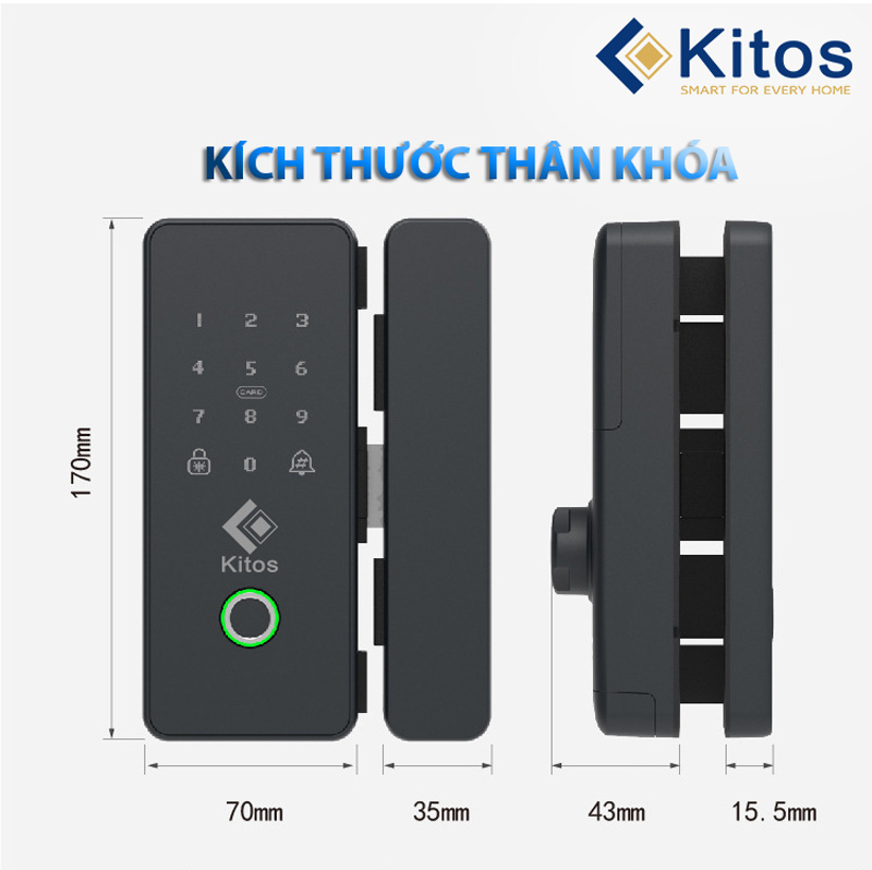 Khóa cửa kính Kitos KT-GL22 | Mở vân tay, mã số, thẻ từ
