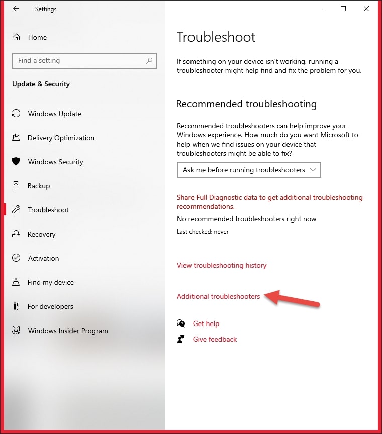 Chọn tab Additional troubleshooters